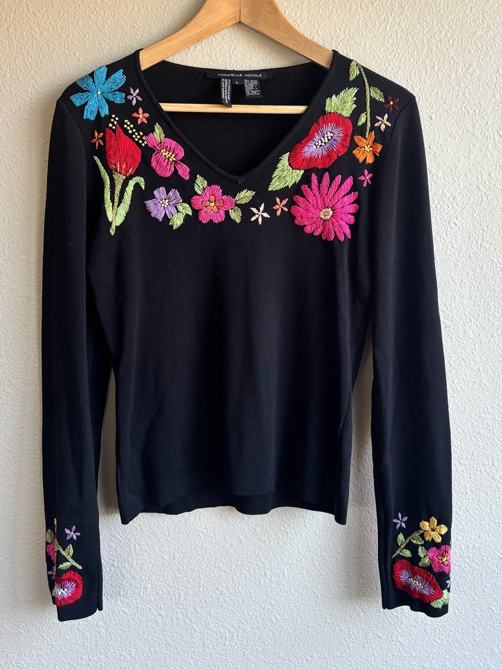 Black Embroidered V-Neck Long Sleeve Top